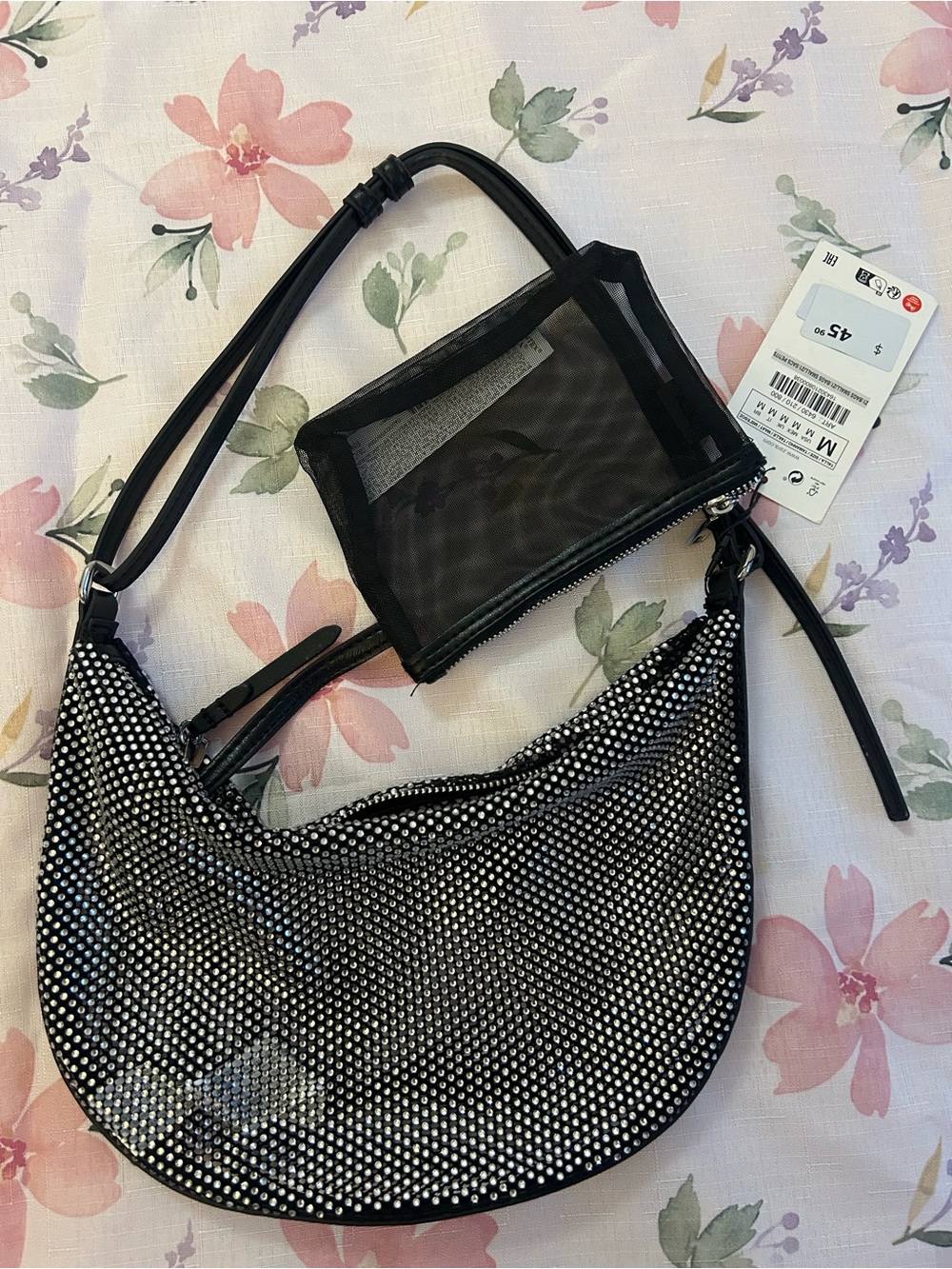 Shiny Zara Black Crystal-Studded Shoulder Bag with built in pouch!